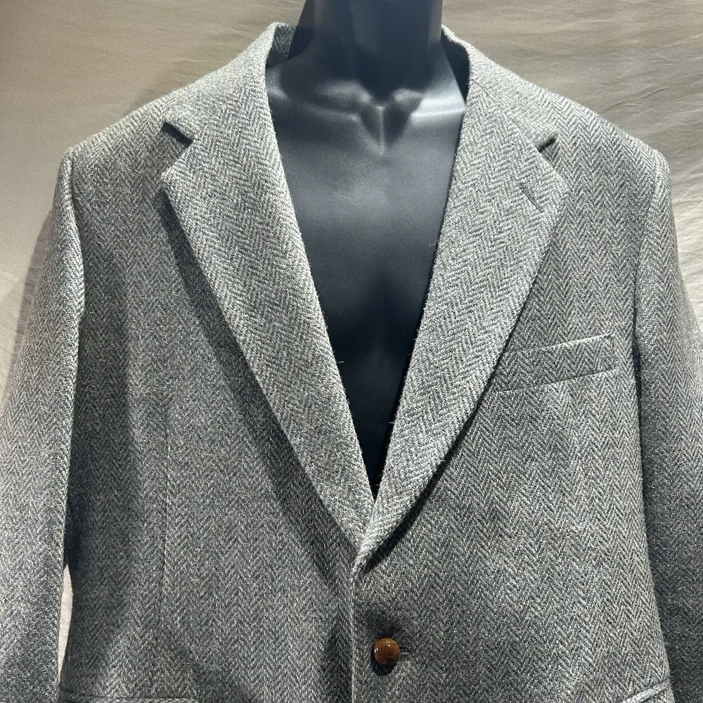 Vintage Lacrosse Mens 46L Grey Herringbone Pure Wool Blazer Sport Coat